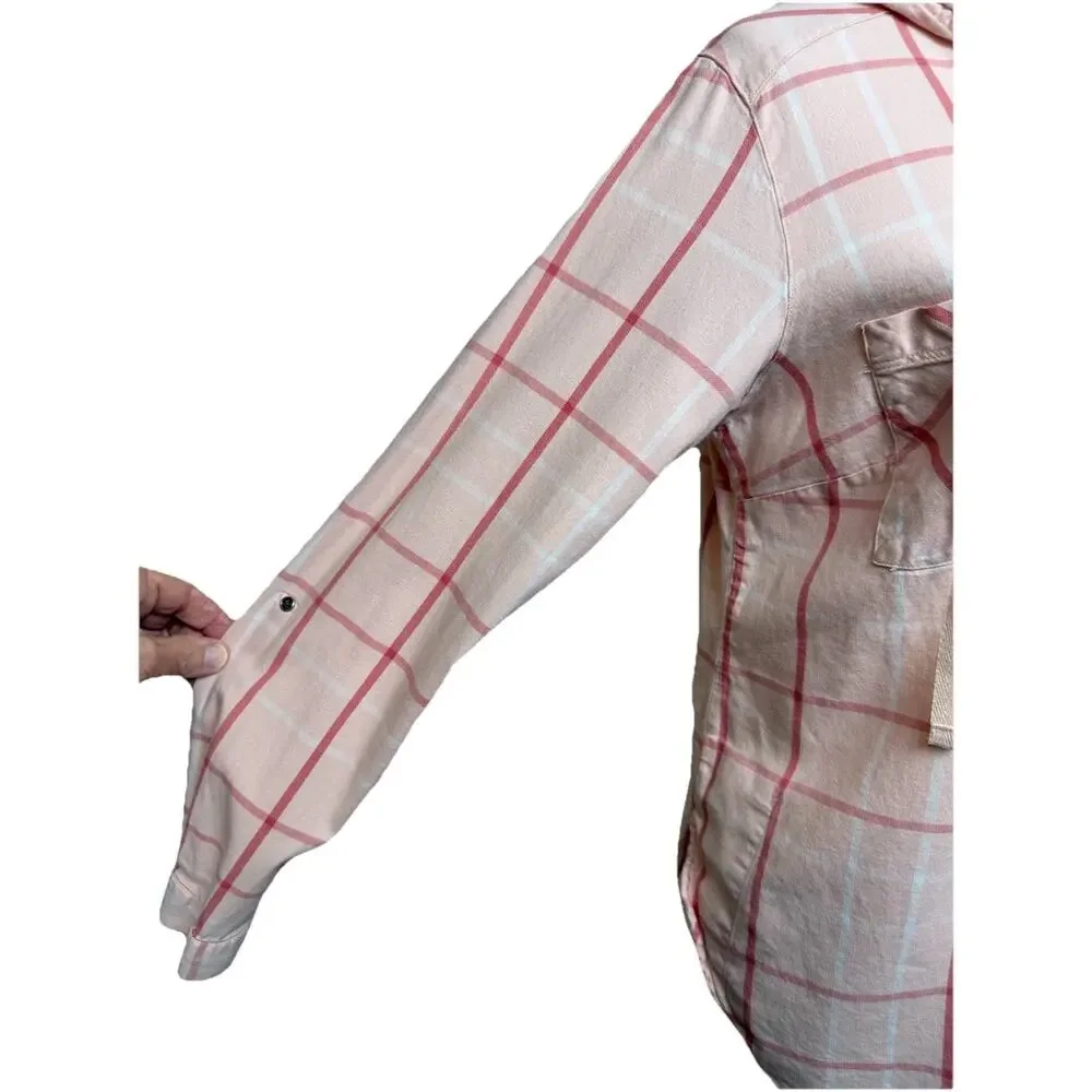 Columbia Women's Button Up Hooded Shirt‎ Pink Plaid Casual Lightweight Sz L